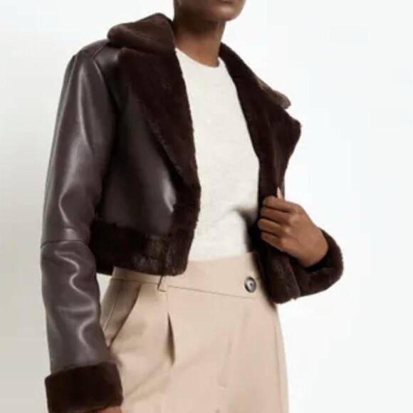 River Island Faux Leather Shearling Cropped Brown Jacket 40 US 8 - Picture 2 of 4
